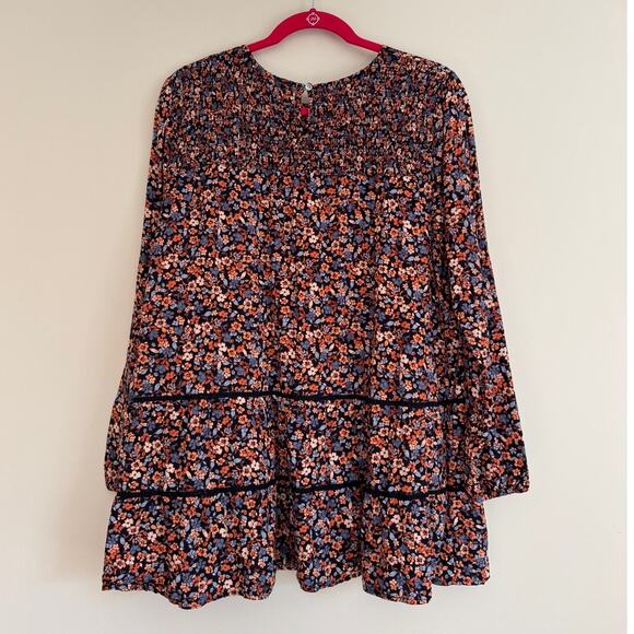 J Jill Floral Blouse Tiered Tunic Boho Cottage Smocked Long Sleeve Womens Large - Picture 3 of 8